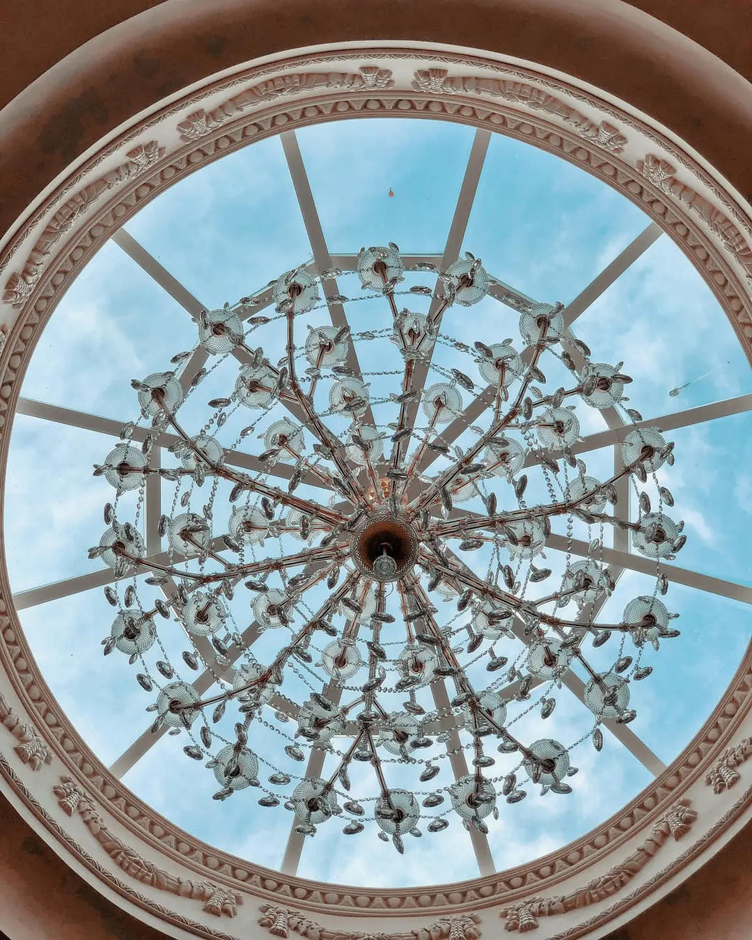 Skylight dome with moulded cornice ring and crystal chandelier