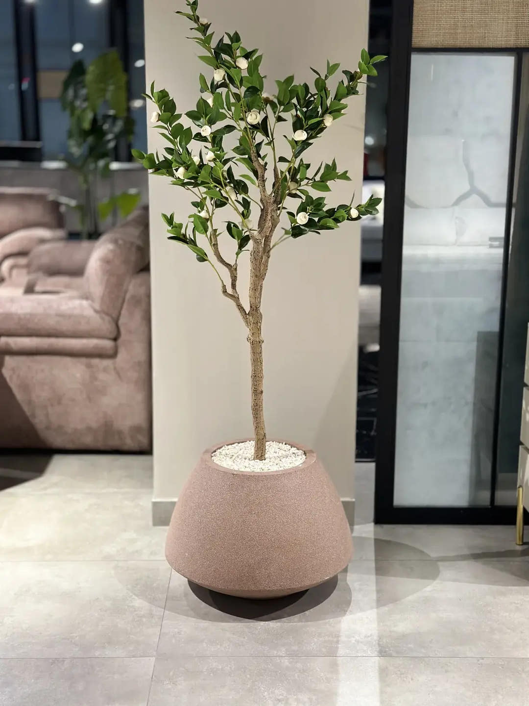 White blossom tree · stone planter